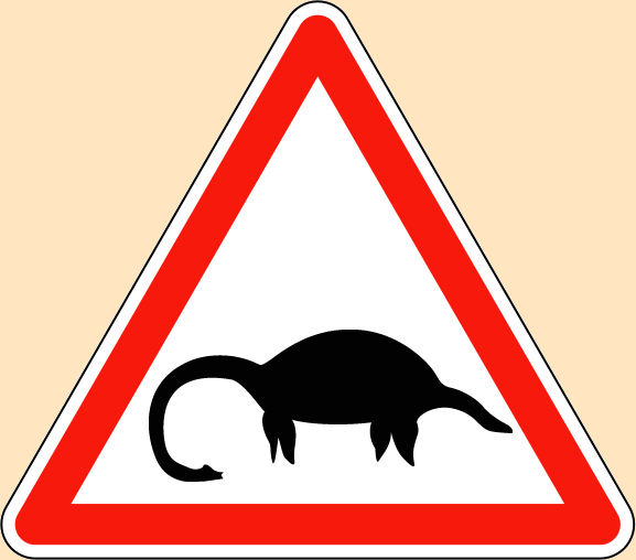 Panneau triangulaire de circulation routière avec silhouette de plésiosaure