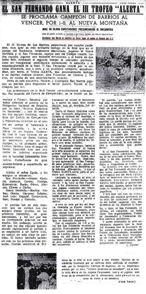Artículo de la final del IV torneo de los Barrios de julio de 1949